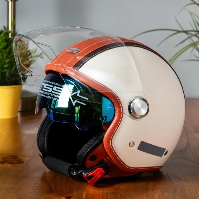 Open Face Helmet Retro Vintage - Capacete de motocicleta de couro vintage,
